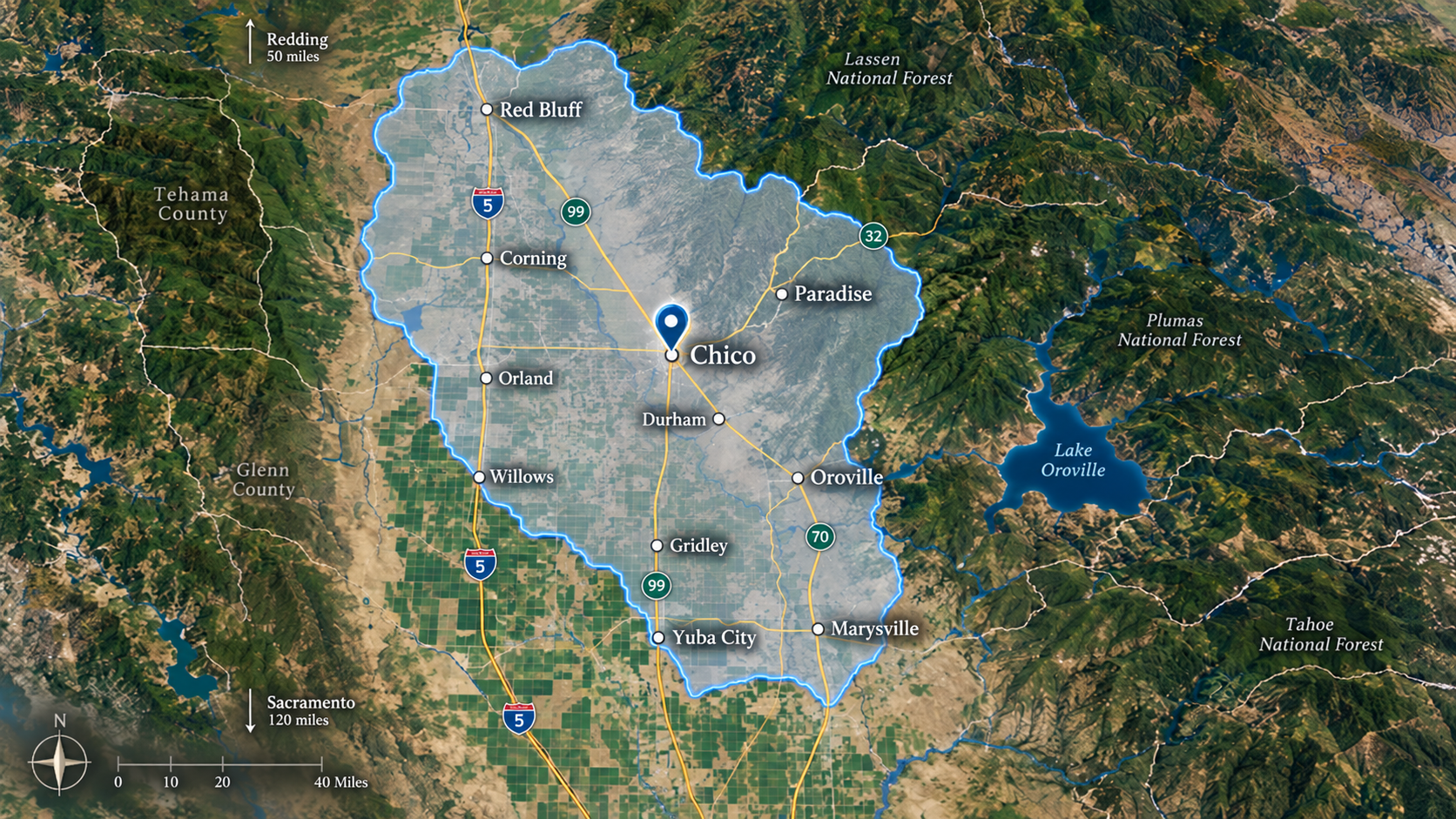 Service-area map centered on Chico, showing highlighted coverage from Red Bluff to Yuba City and Marysville.