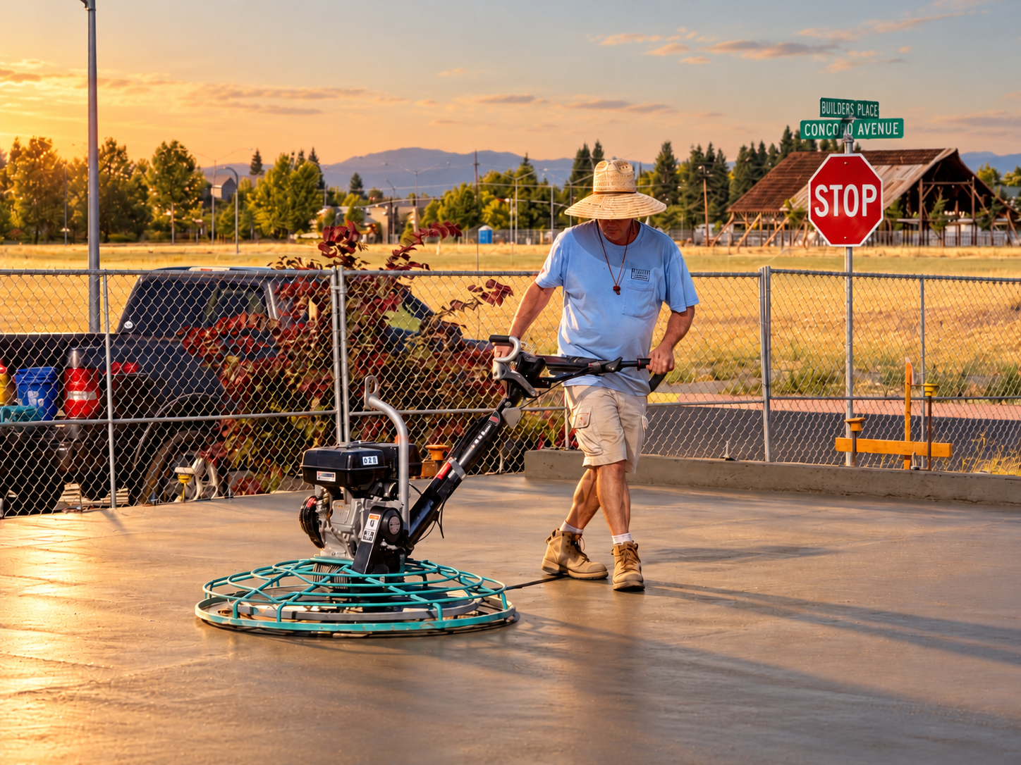 Man working on a concrete project with a finishing machine.