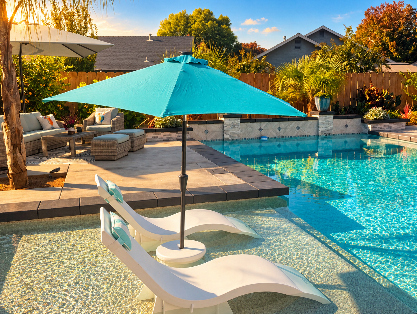 Backyard pool and surrounding concrete deck in warm evening light