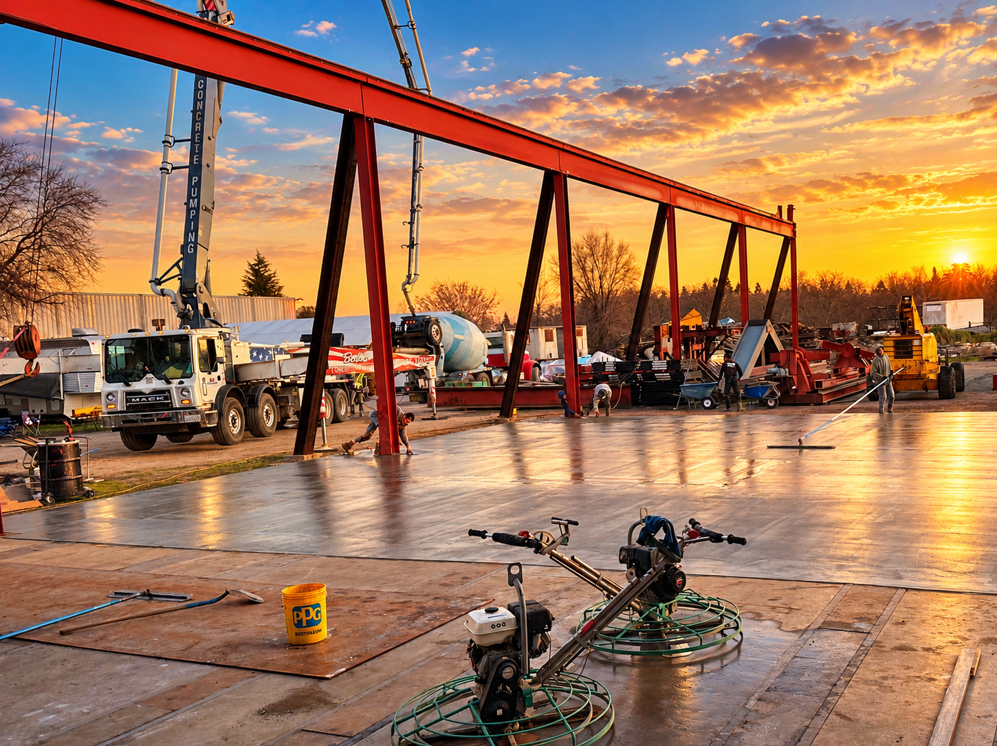 Crew finishing a concrete slab inside a steel-framed commercial building