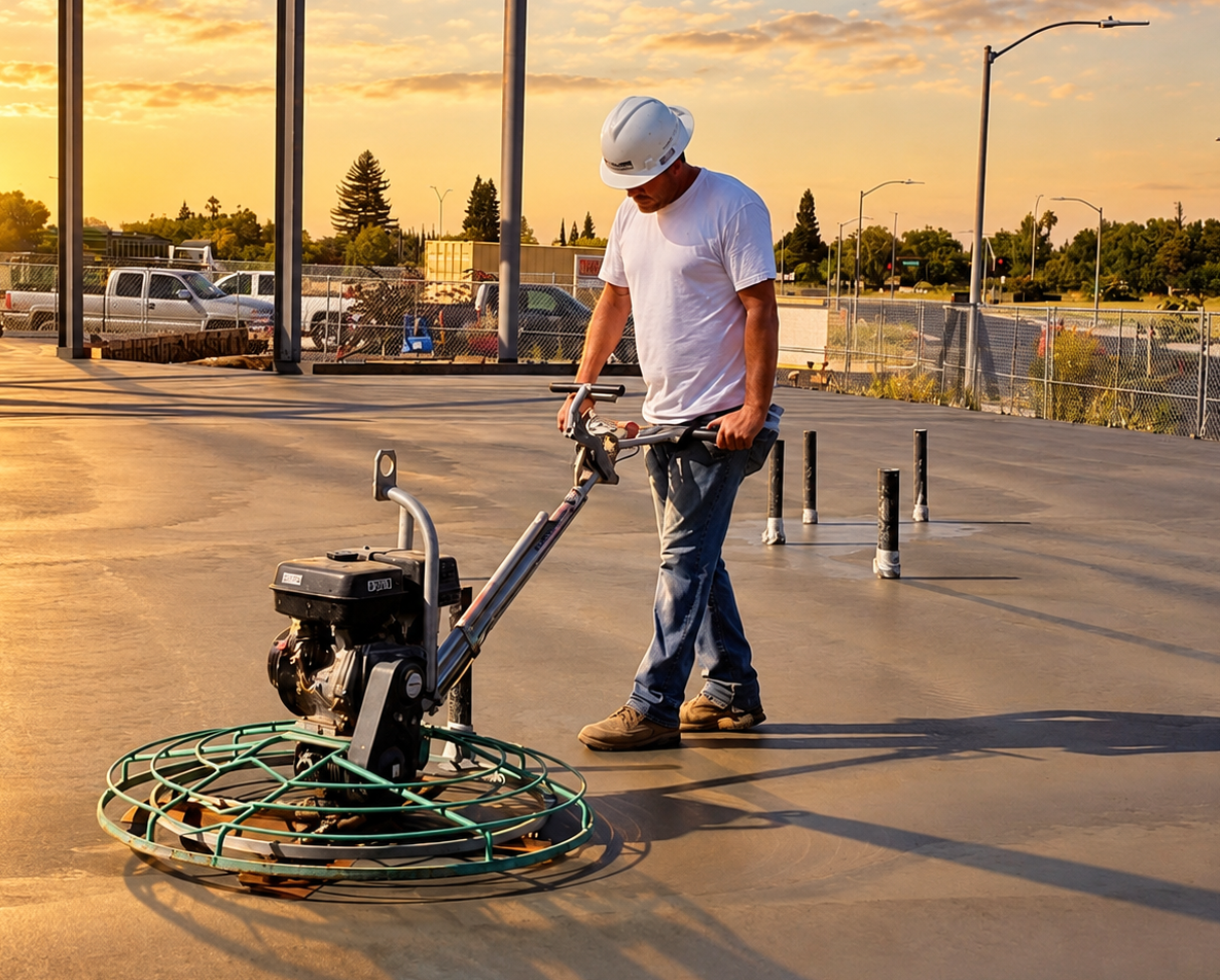 Man working on a concrete project with a finishing machine.